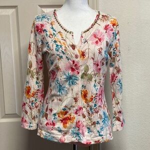 Charlotte Tarantola Floral Embellished Cream Multi-Color Cardigan